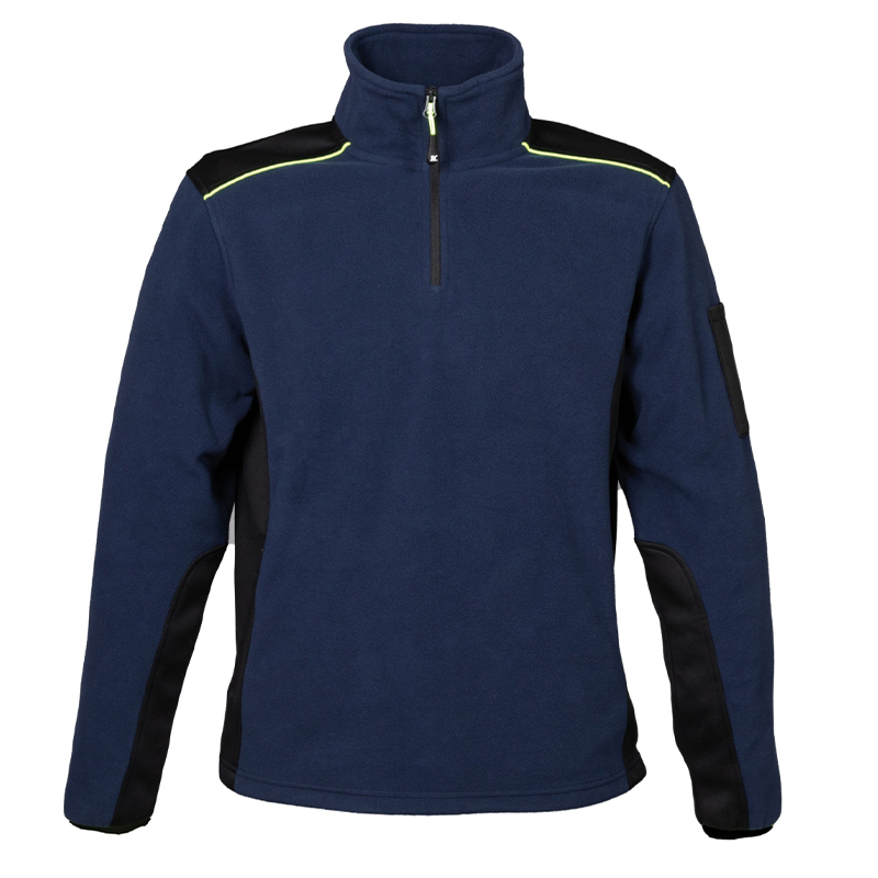 Vista frontale pile uomo blu navy con mezza zip, dettagli neri e profili fluo.