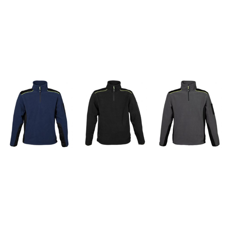 Gamma colori pile uomo mezza zip con coulisse: blu navy, nero e grigio antracite.