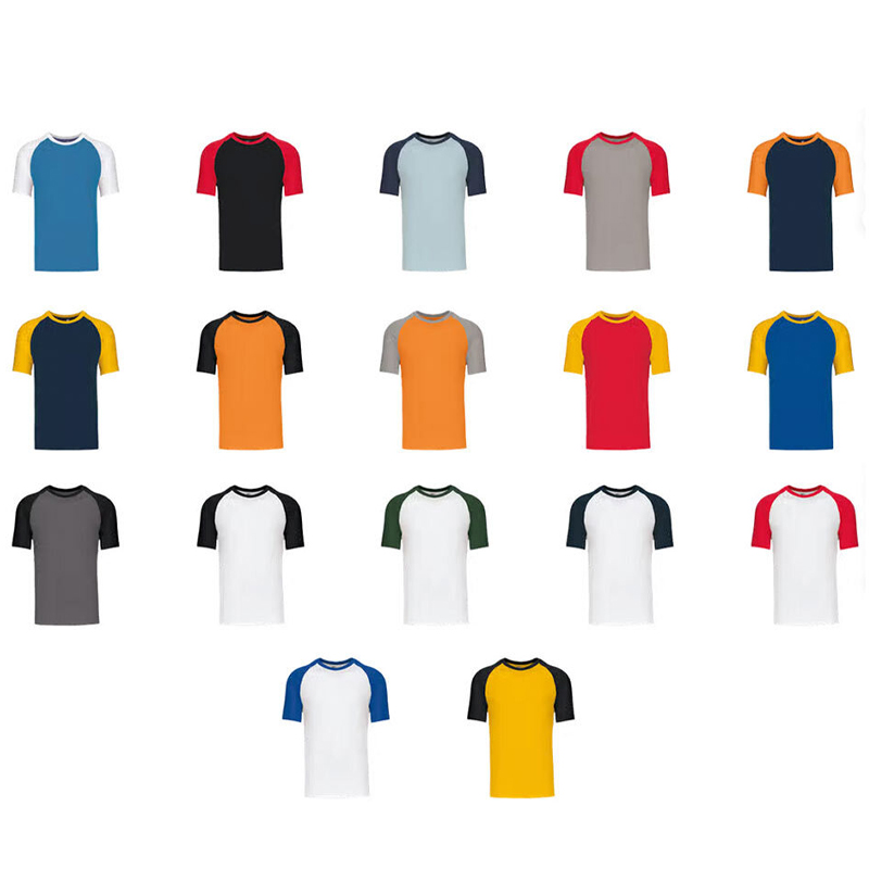Gamma colori disponibili per t-shirt raglan uomo bicolore: bianco, nero, rosso, blu, verde, giallo e grigio.
