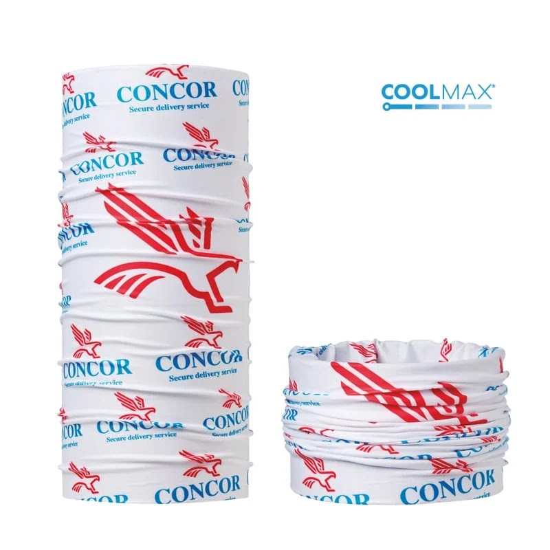 Bandana tecnica tubolare bianca in tessuto Coolmax personalizzata con loghi aziendali rossi e blu Concor.
