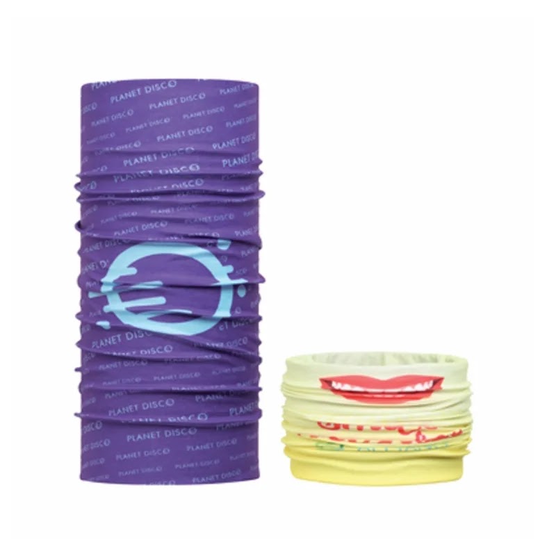 Esempi di bandane tubolari multiposizione personalizzate nei colori viola e giallo con stampe all-over creative.