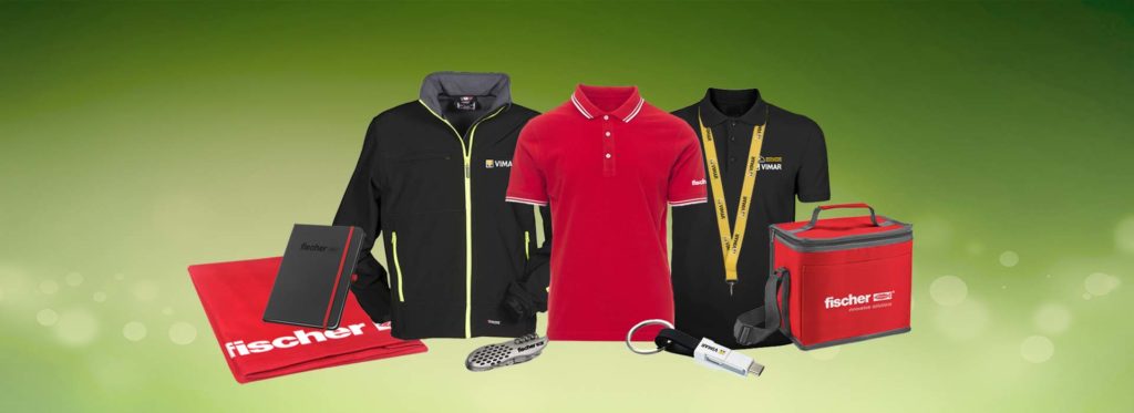 Merchandising aziendale personalizzato Fischer e Vimar: abbigliamento da lavoro, borse termiche e gadget promozionali.