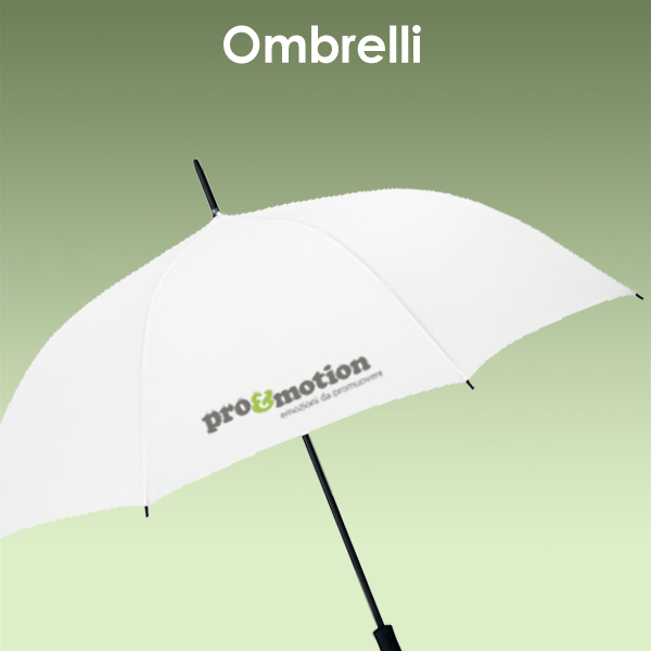 Ombrello bianco personalizzato con logo pro&motion su sfondo verde sfumato.
