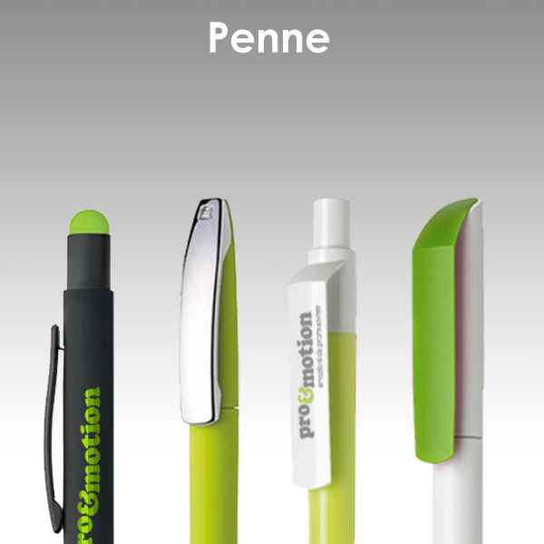 Selezione di penne a sfera personalizzate pro&motion in diversi modelli, colori verde acido, bianco e nero con logo aziendale.
