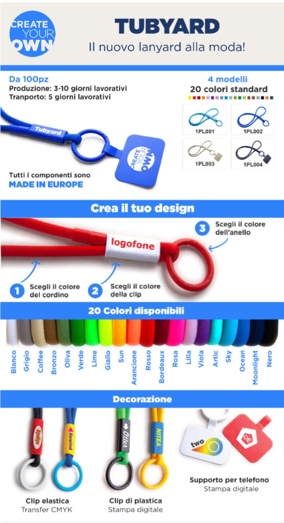 Tubyard Pro&motion: lanyard tubolare personalizzabile in 20 colori, prodotto in Europa, con clip elastica o plastica e supporto per telefono.