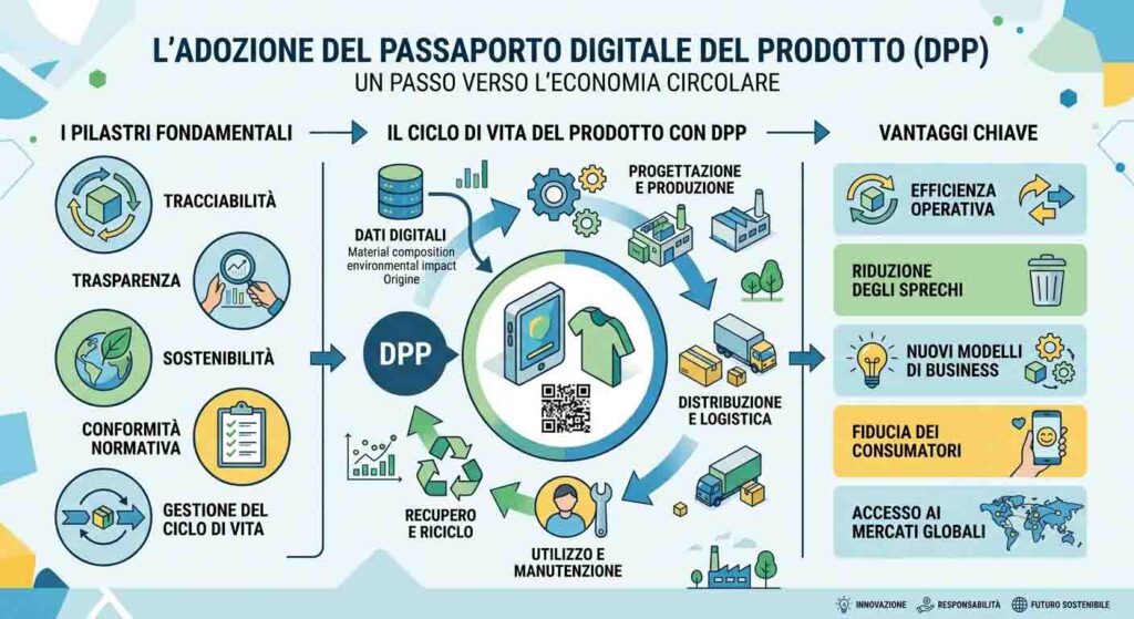 Infografica sull'adozione del Passaporto Digitale del Prodotto (DPP) per l'economia circolare.