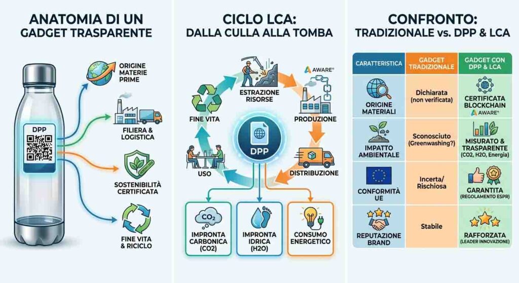 Tabella comparativa tra gadget tradizionale e gadget con passaporto digitale del prodotto e analisi LCA.