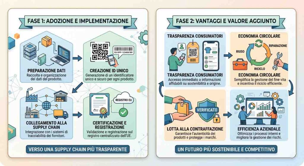 Diagramma delle fasi di adozione del passaporto digitale del prodotto: dalla preparazione dati alla lotta alla contraffazione.