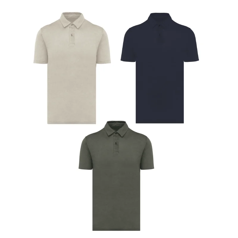Gamma colori polo in lino Spasso SP217: varianti panna, blu navy e verde militare.