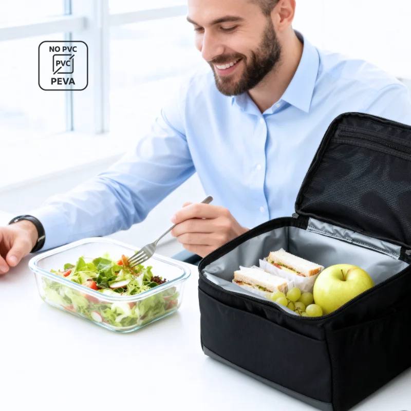 Uomo che mangia un pranzo sano utilizzando la borsa termica Arctic nera.