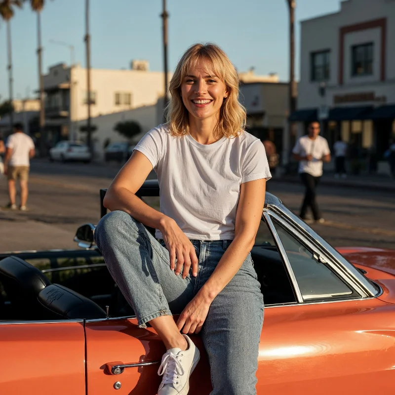Donna sorridente indossa una classica t-shirt bianca in cotone organico, seduta su un'auto d'epoca in un contesto urbano.