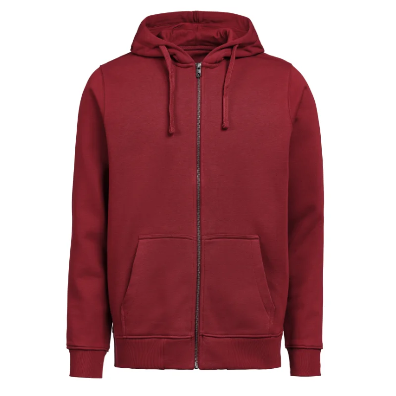 Vista frontale felpa bordeaux con cappuccio regolabile, coulisse e zip intera divisibile
